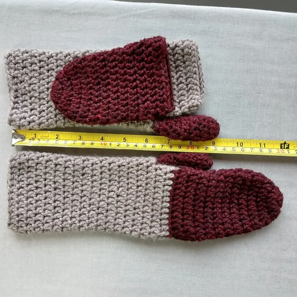 Convertible Crochet Fingerless Mitten Gloves adult size two-tone neutral premade